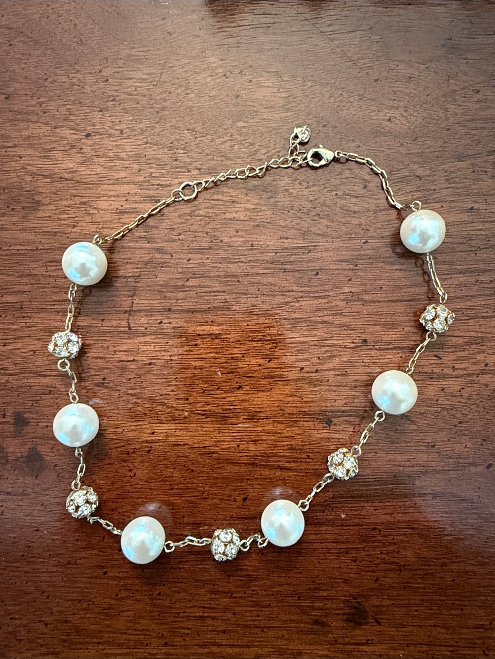 Gold Pearl and Crystal Station Necklace - White Pearls
